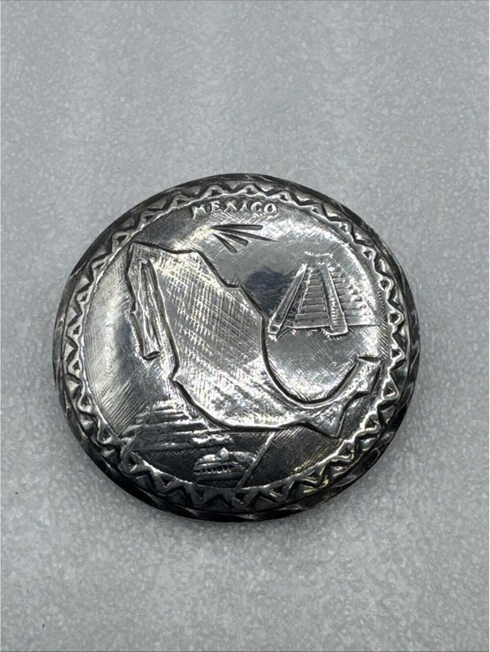 925 Sterling Silver Vintage Mexico Signed Round 1.25” Pin MC-13 Chichen Itza